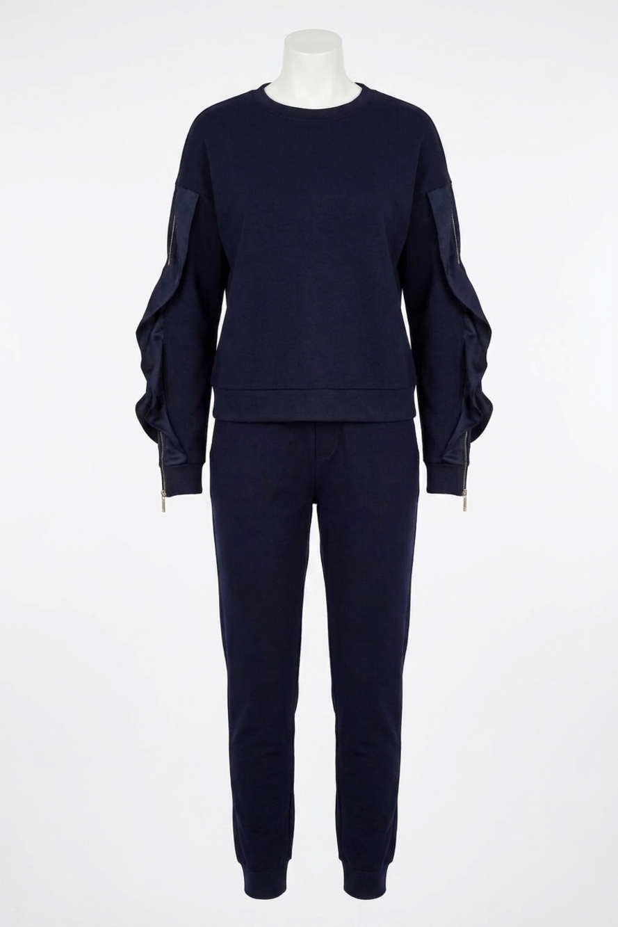 NEW FRANK LYMAN maeve ruffle and zipper long sleeve top in midnight blue